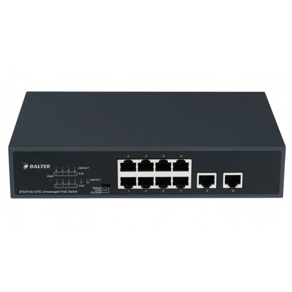 BALTER X ECO Unmanaged PoE Switch mit 10 x 100Mbps Netzwerk-Ports (RJ45) inkl. 8x PoE-Ports, 120 Watt, 230V AC