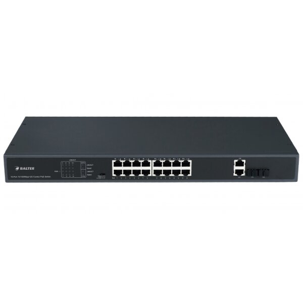 BALTER X ECO Unmanaged PoE Switch mit 16 x 100Mbps PoE Netzwerk-Ports (RJ45) + 2x 1000Mbps Uplink-Ports, 250 Watt, 230V AC