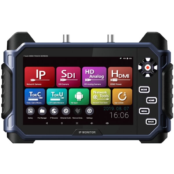 SeeEyes 7" Touchscreen-Testmonitor, 4K UHD, IP H.265 / H.264 + HD-SDI, EX-SDI, Analog HD, CVI, TVI, Analog, RS-485, Audio, HDMI, SFP, USB, Akku